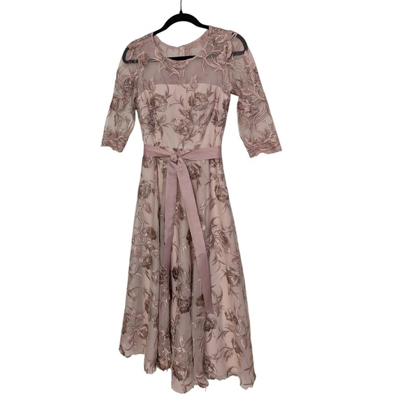 BHLDN embroidered floral tulle midi dress size 0 blush romantic wedding guest - Picture 2 of 7